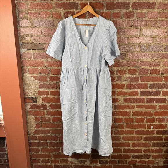 Madewell Dresses & Skirts - Madewell Shirt Dress Womens XL Blue Linen Button Front Puff Sleeve Midi NWT